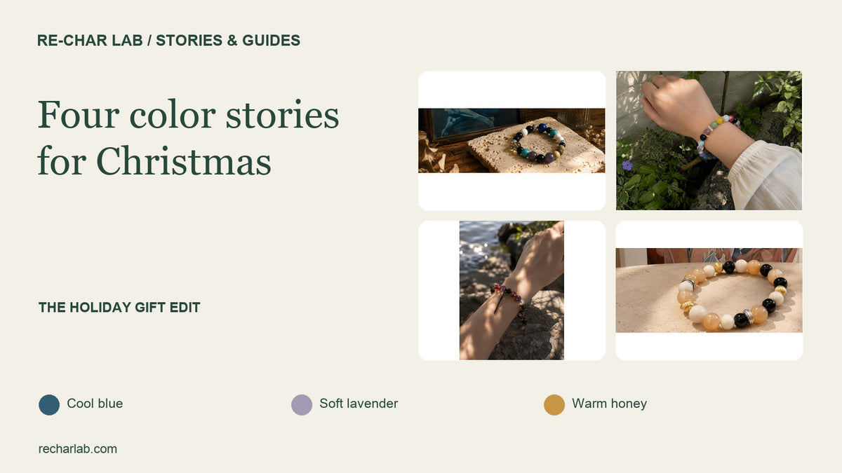 Four color stories for Christmas. Original Re-Char Lab product photographs with editorial palette suggestions.