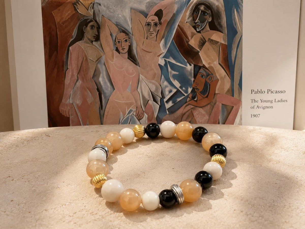Ivory Peach Recycled Glass Bracelet, Geometric Art-Inspired Jewelry