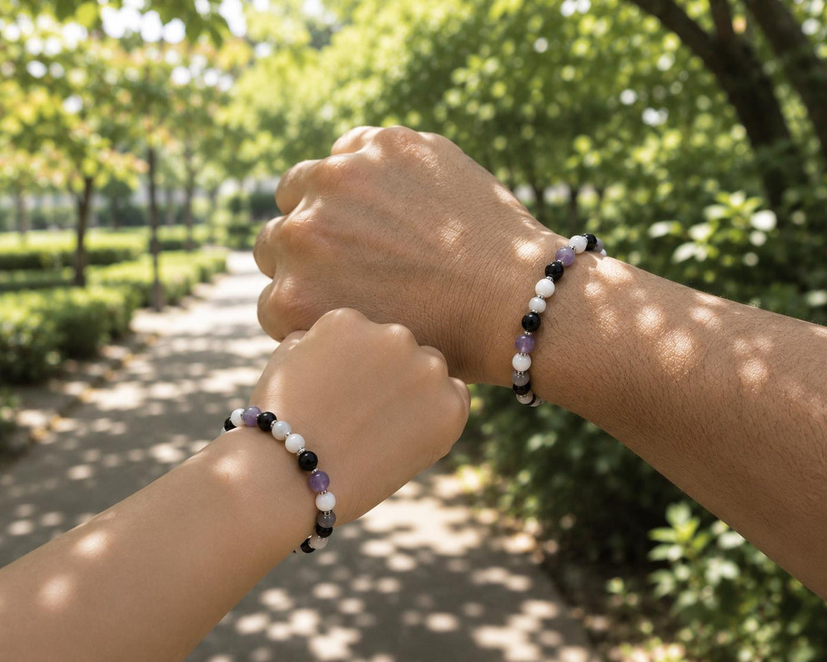 Black and White Bracelet Set, Father-Son Matching Beaded Jewelry