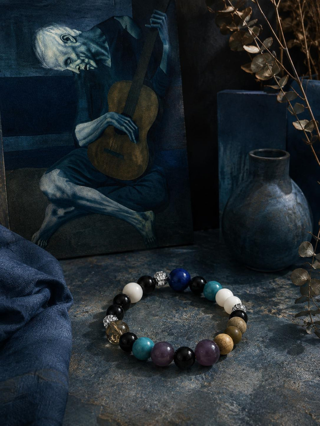 Blue Recycled Glass Bracelet, Moody Art-Inspired Beaded Jewelry