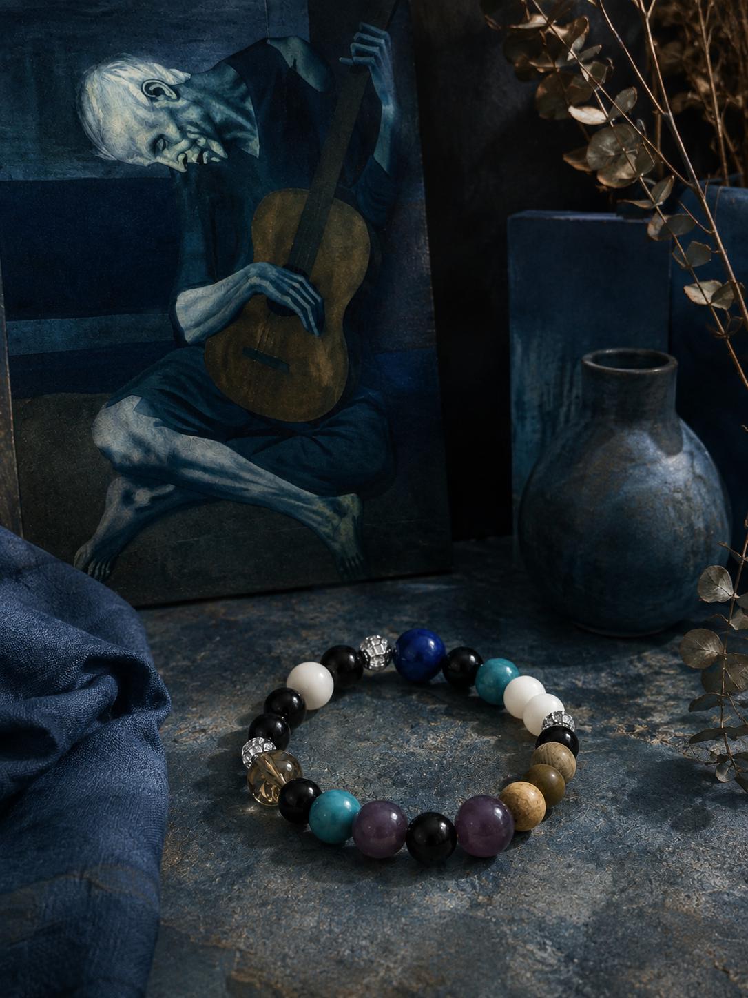 Blue Recycled Glass Bracelet, Moody Art-Inspired Beaded Jewelry