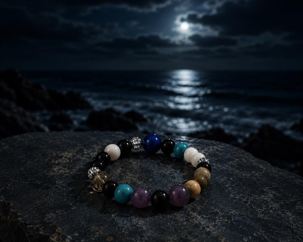 Blue Recycled Glass Bracelet, Moody Art-Inspired Beaded Jewelry