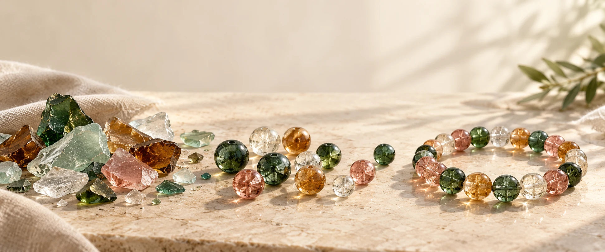Concept illustration of colored glass fragments becoming round glass beads and a finished bracelet.